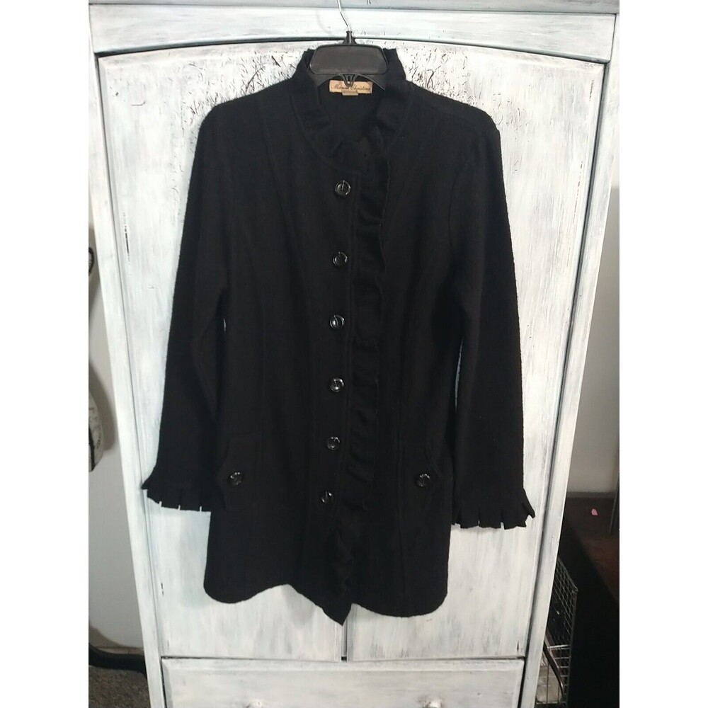 Marisa Christina 100% Wool Black Medium Ruffled Collar & Sleeve Coat Vintage